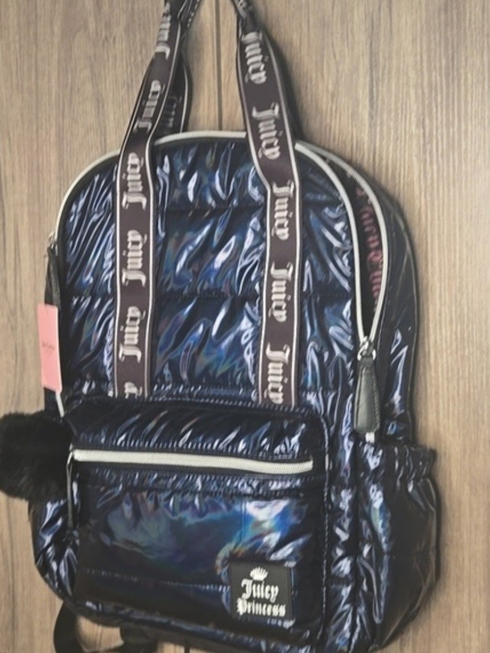 Juicy Couture Iridescent Navy Backpack with Brown Logo Straps